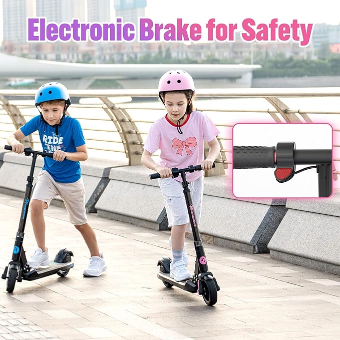 Two children riding scooters with an electronic brake feature highlighted.
