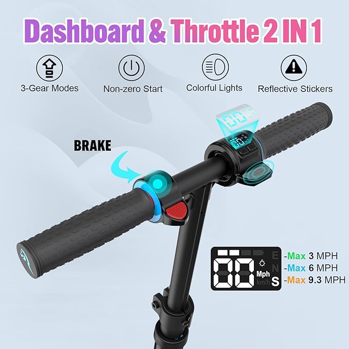 Motor scooter handlebar with dashboard, throttle, and brake controls on a light blue background.
