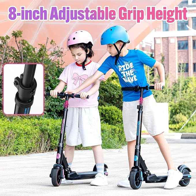 Two children using scooters with an inset showing adjustable grip height, outdoors.