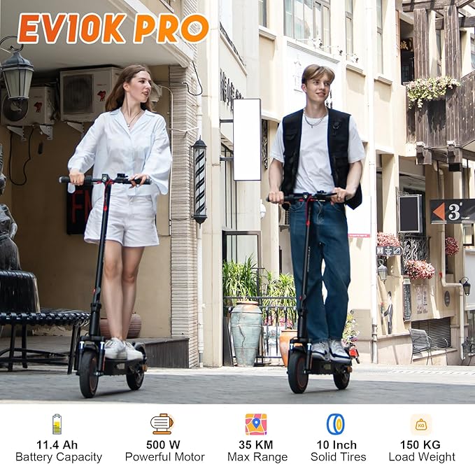 Two people using electric scooters with product details displayed.