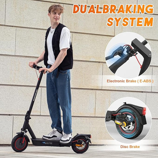 Person standing next to an electric scooter with dual braking system features highlighted.