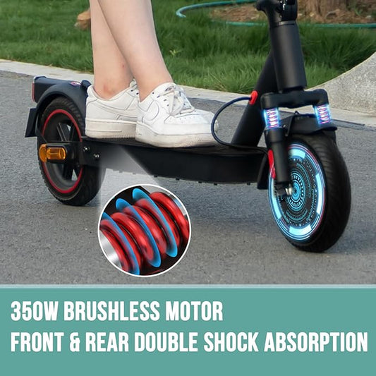 Person riding a scooter with a close-up of the wheel and text about motor specifications.