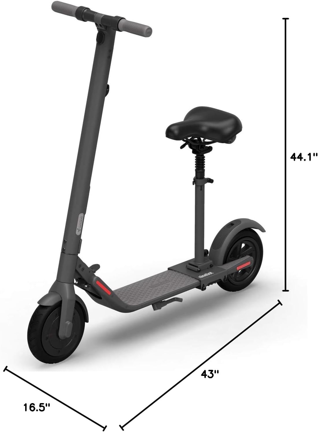 Black electric scooter with seat and measurements on a white background