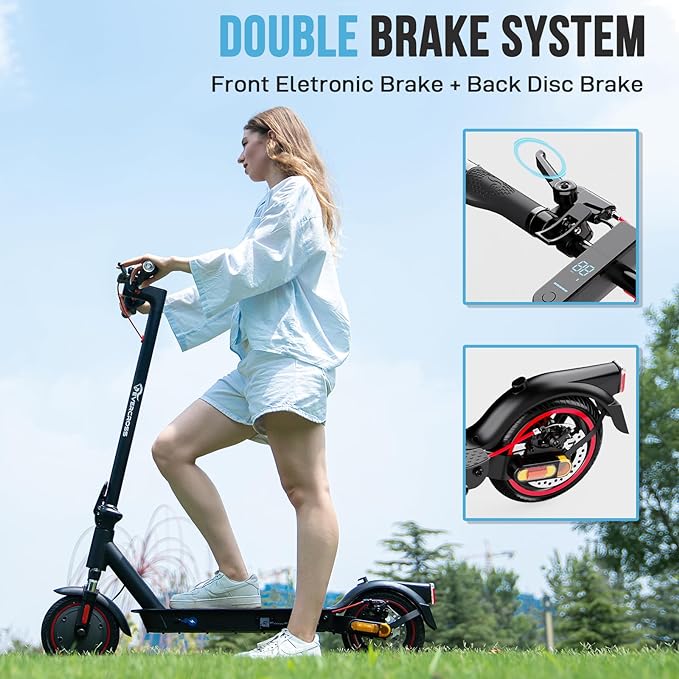Person using a electric scooter with double brake system features highlighted